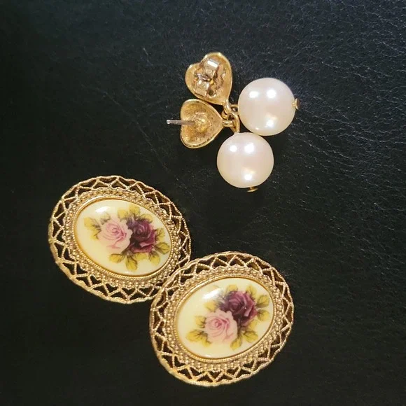 Vintage 1928 Floral Filigree & Heart Faux Pearl Drop Earrings  Cottagecore