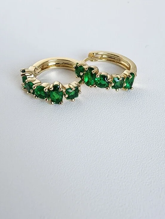 Gold Plated Green CZ Huggie Hoop Earrings Emerald Green Crystal Hoops