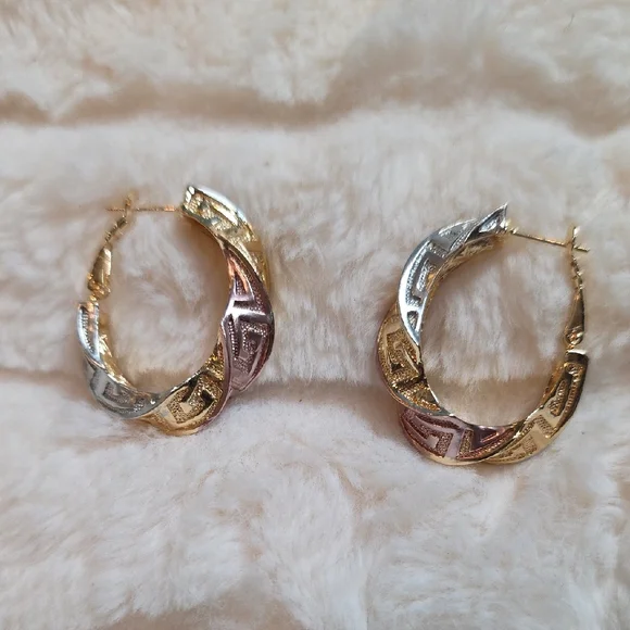Tri-Tone Twisted Hoop Earrings - Gold, Silver & Rose