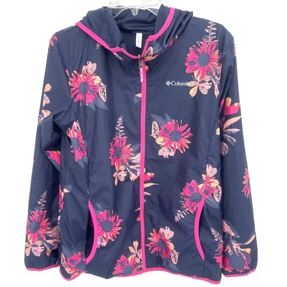Columbia Girls Jacket XL 18/20 Navy Blue Floral Windbreaker Full Zip Reversible