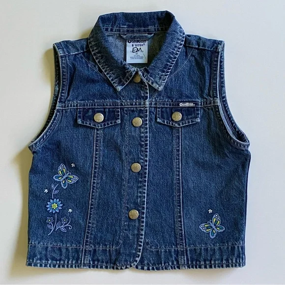 Vintage OSHKOSH Vest 3T Blue 90s Girls Denim Jeans Butterflies USA EUC snaps