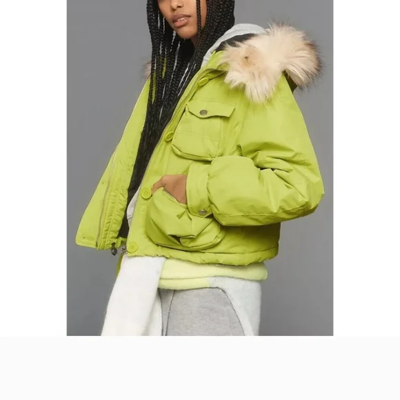 NWT Anthropologie Cropped Hooded Puffer Coat Lime Green Lined Coat Ski Winter