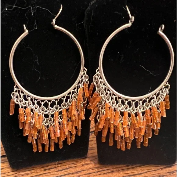 Chain Maile & Hanging Amber Bead Hoop Pierced Earrings Boho chic