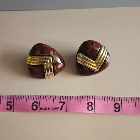 Brown & Gold Geometric Clip-On‎ Earrings | Vintage Style