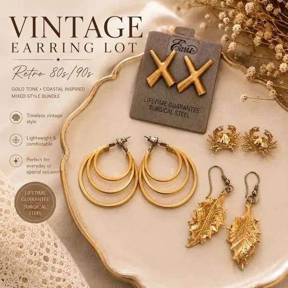 Vintage Earring Lot Gold Tone Coastal Leaf Hoop 80s 90s Jewelry Bundle
