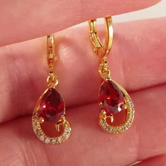 18K Yellow Gold Filled Garnet Red Diamond Zircon Swirl Dangle Earrings 1.25ctw
