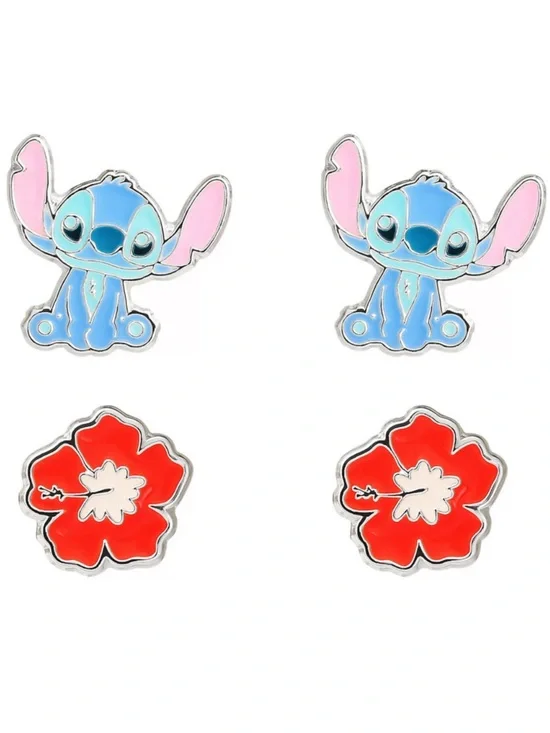 Disney Jewelry | Stitch & Red Hibiscus Enamel Stud Earring Set
