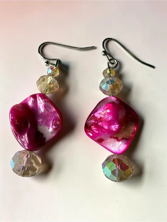 Handmade Fuchsia Mother of Pearl Wave Dangle Earrings Iridescent Crystal Mermaid