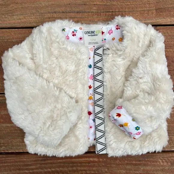 Genuine Kids OshKosh Faux Fur Baby Coat 12M Cream Floral Lined Toddler Jacket