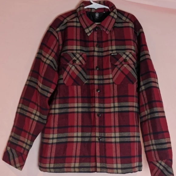 Volcom Belgrade Red Plaid Button Up Shirt Jacket with Pockets size Medium