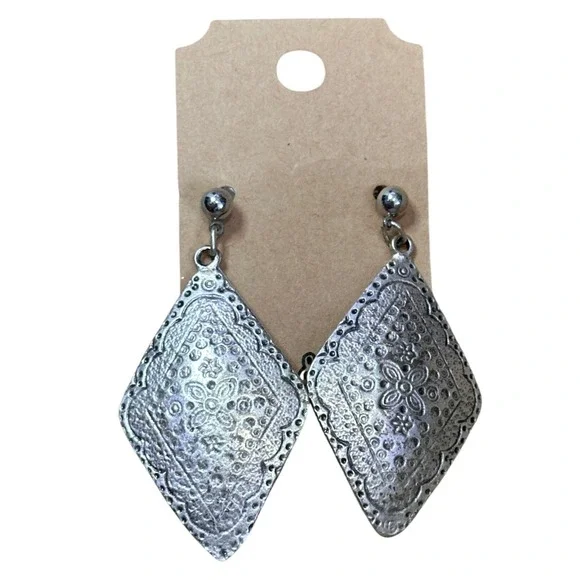 Handcrafted Silver Tone Embossed Diamond Drop Earrings Bohemian Floral Statement