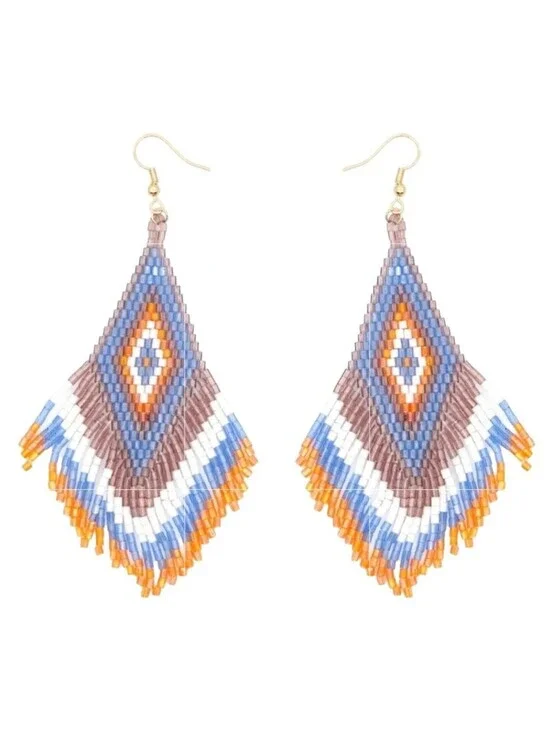 Beaded Earrings Blue Yellow/Gold & White Miyuki Rice Beads