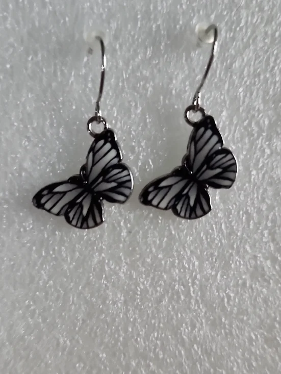 Hand Crafted Black and White Butterfly Drop Earrings