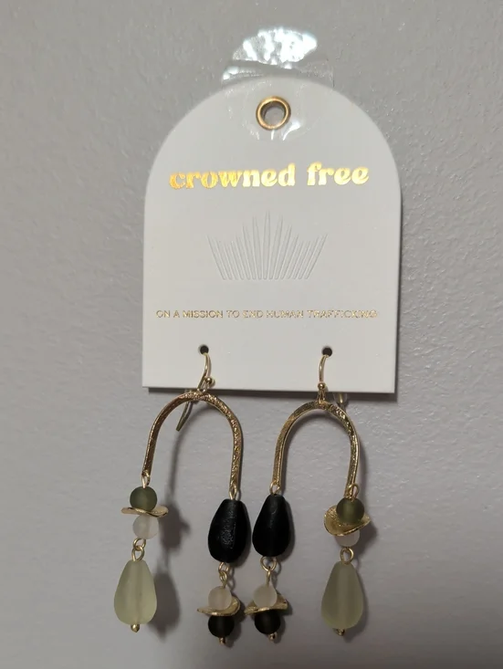 Crowned Free Gold-Tone Green & Black Drop Earrings