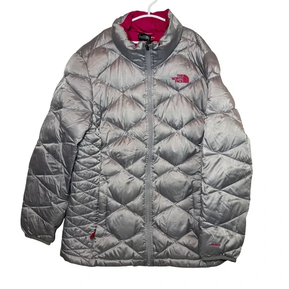 The North Face Girls XL 18 Silver Down Puffer Jacket Hooded Pink Lined 550‎ Fill