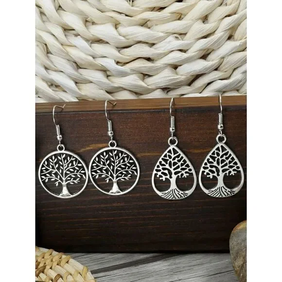 Antique Silver Vintage Style Round Drop Shape Hollow Tree Of Life Dangle Earring