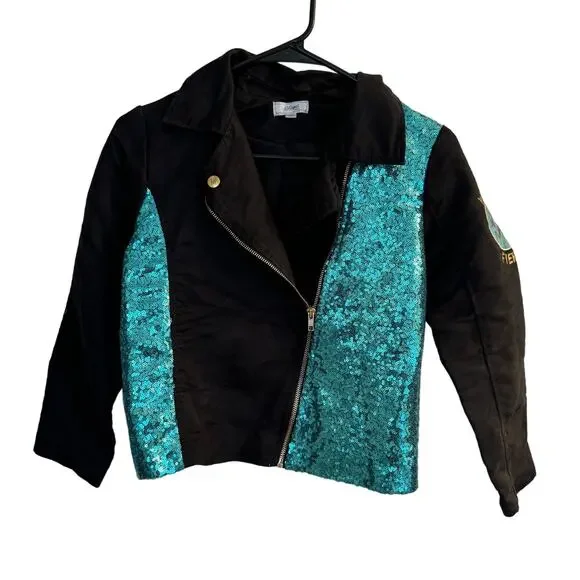 Disney Jacket‎ Girls L Black Wickely Fierce Turquoise Sequin Faux Suede