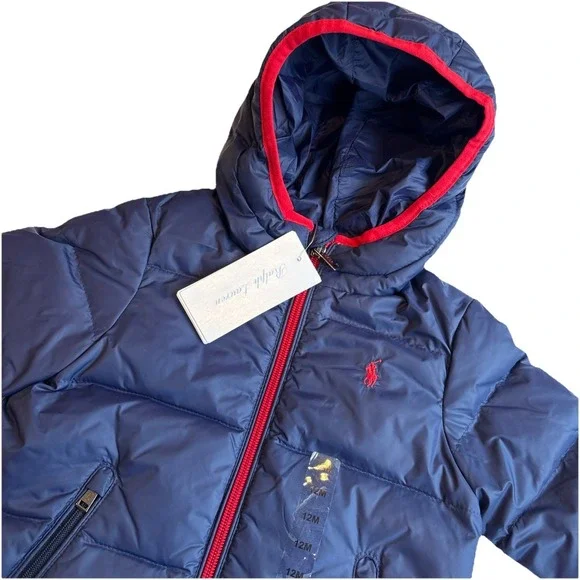 POLO RALPH LAUREN Down Puffer Jacket Blue/Red Trim‎ Water Repellent Size 12 M