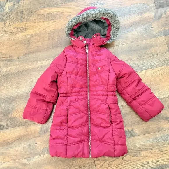 girls 4T Pink Puffer Jacket mid-length faux fur trim hood Calvin Klein