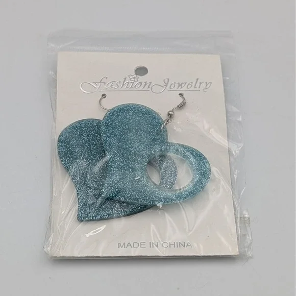Vintage Blue Glitter Resin Plastic Dangle Heart Shape Costume Earrings Sparkle