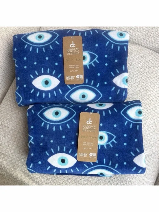 Deborah Connolly Designs Evil Eye Beach Towel 2pc Set  Oversized 36x68 Blue NWT
