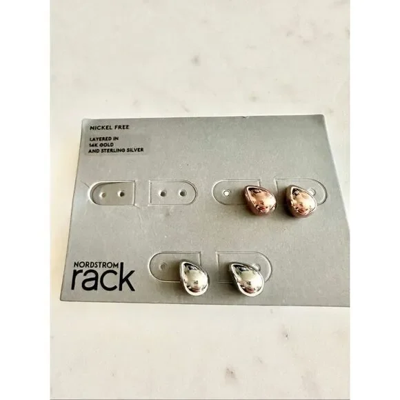 Nordstrom set of two teardrop rose gold and silver tone stud earrings