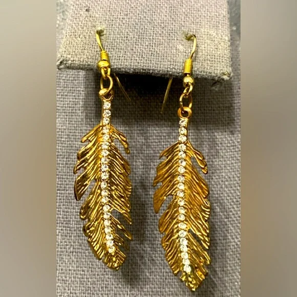 #2 - Vintage 80’s gold Tone floating leaf with Rhinestone pierced earrings