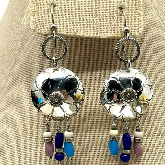 90's Handmade Sterling Silver Shell Drop Earrings with Beaded Accents
