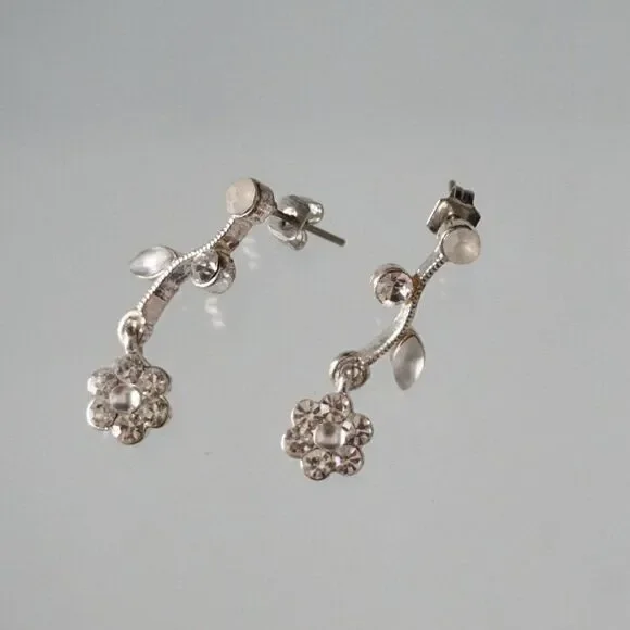 Vintage Crystal Vine Teardrop Flower Earrings Silvertone  Wedding Bridesmaid