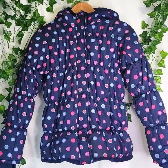 Lands'End. Blue Polka Dot Puffer Coat. Size 14. EUC