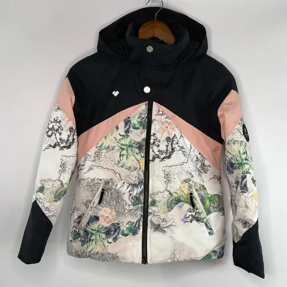 Obermeyer Girls' Tabor Ski Jacket in “Tell Me A Story” Print Pink Black Full Zip