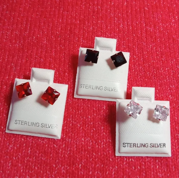 925 Sterling Silver lot of 3 Stud Earrings With Cubic‎ Zirconia Mens Womens