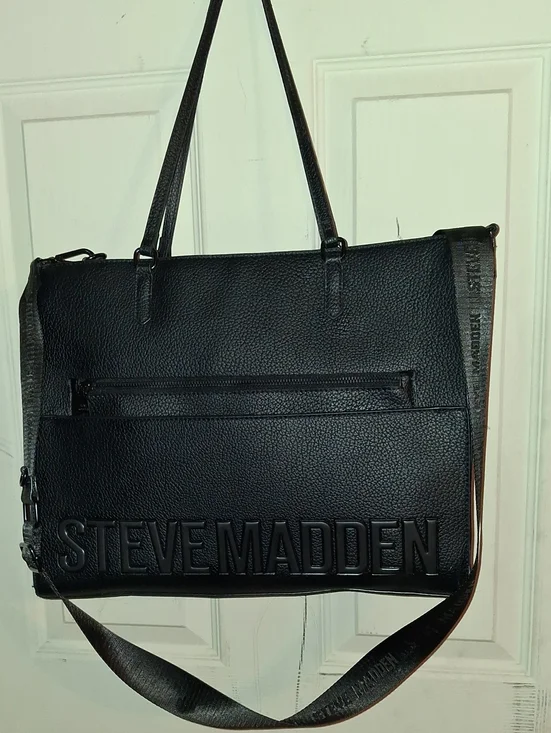 Steve Madden Black Leather Laptop Tote with Adjustable Strap NWOT
