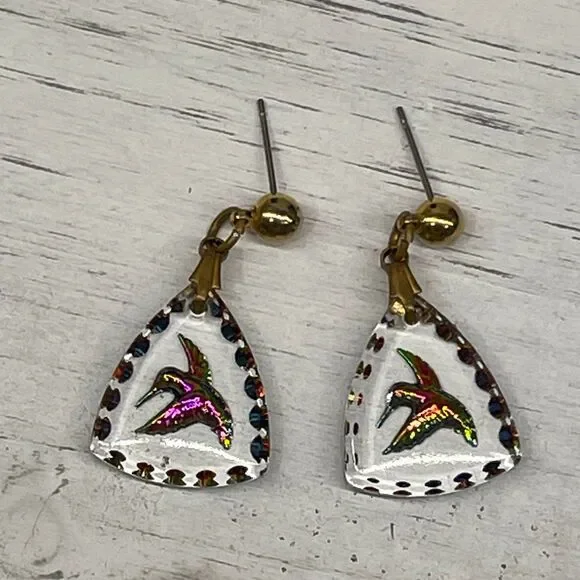 Glass Hummingbird Drop Dangle Earrings Hand-Painted Iridescent Design