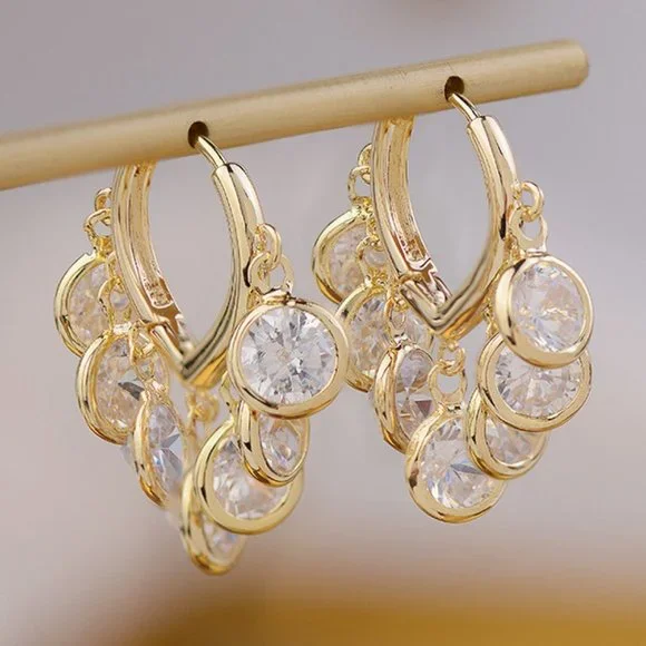 NEW 14K Gold Plated Round Diamond Drop Huggie Hoop Earrings