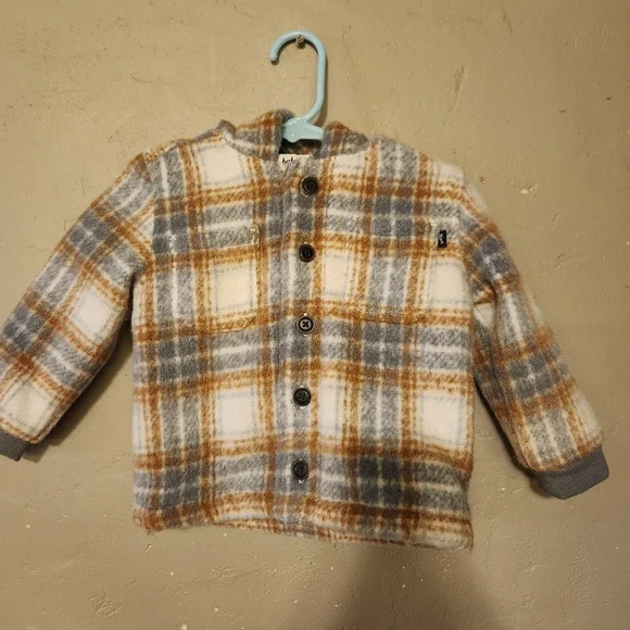 Baby B'Gosh Jacket 18 Months Hooded Plaid Fleece Flannel Button Tan Blue Cream