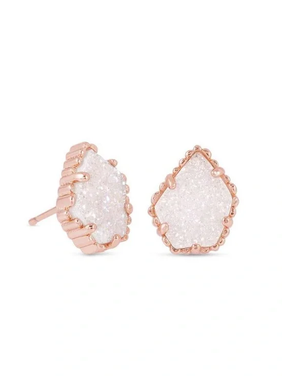 Kendra Scott Tessa White Iridescent Druzy Teardrop Stud Earrings Rose Gold