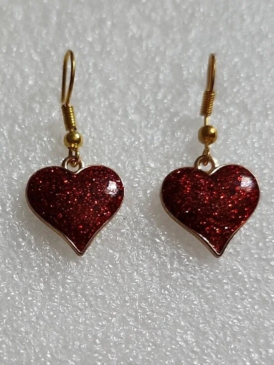 Hand Crafted Red Glitter Heart Drop Earrings with Gold Hooks