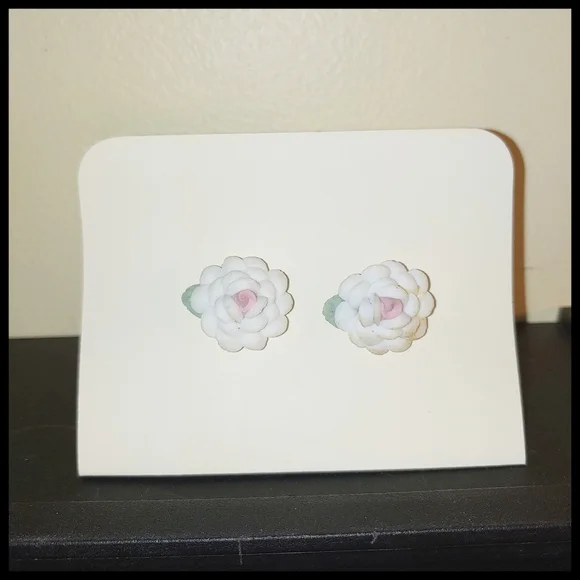 Vintage Porcelain White/Pale Pink Rose Post Earrings