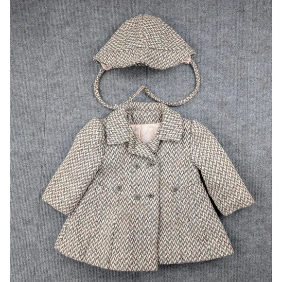 Vintage Freeway Fashions Pea Coat Set Kid Girls 2T Herringbone Bonnet Hat Retro