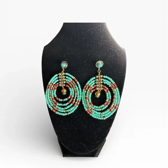 Turquoise and Red Beaded Hoop Earrings