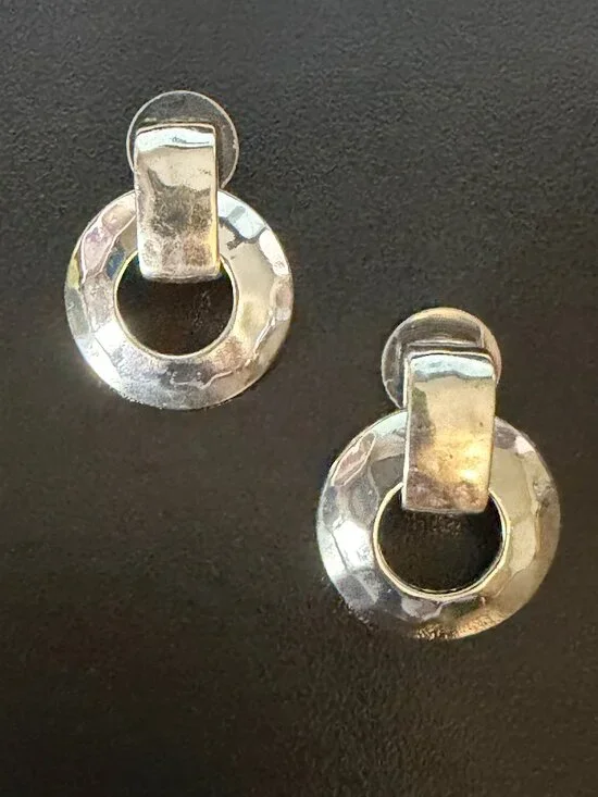 Silver Tone Hammered Door Knocker Post Earrings