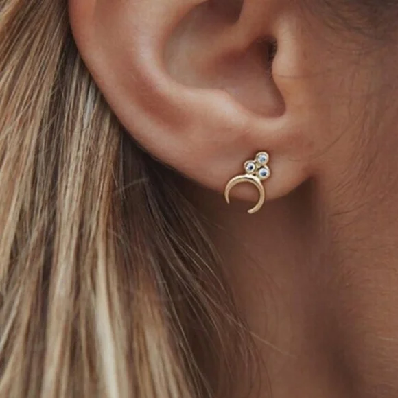 Crystal Crescent Half Moon Gold Stud Earrings