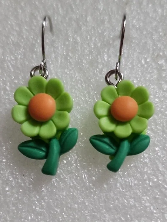 Hand Crafted Lime Green Flower Earrings with Orange Centers - Women Jewelry