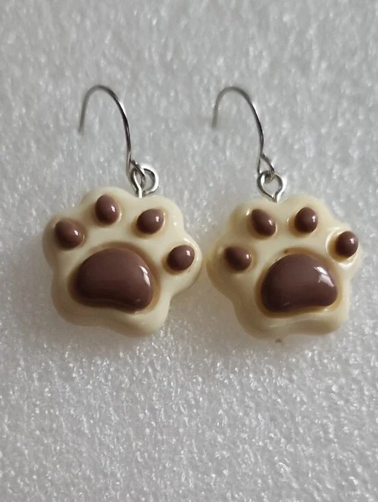 Hand Crafted Cream and Brown Paw Print Earrings