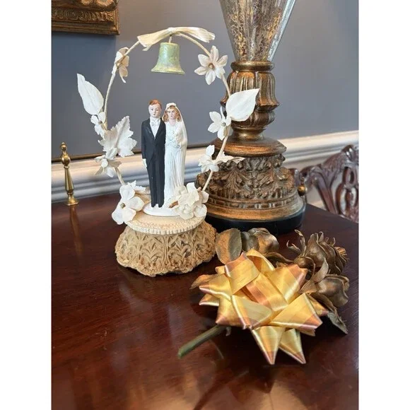 1930s 1940s Wedding Cake Topper Chalkware Bride and Groom Boutonniere