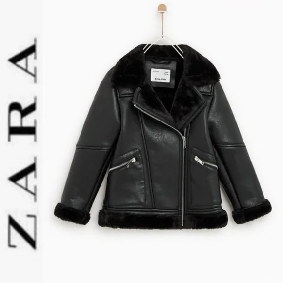ZARA GIRLS BLACK FAUX LEATHER FULLY FUR LINED COZY AVIATOR MOTO STYLE JACKET