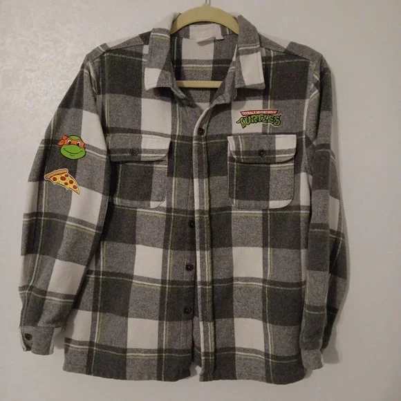 Nickelodeon Boys Flannel Shacket Sz. XL  Grey/White/Green‎ Ninja Turtles TMNT