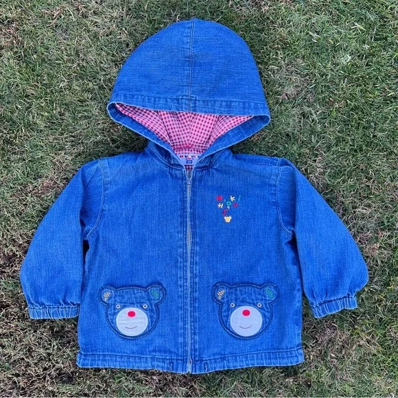 Miki House Baby Bear Pocket Denim Jacket Red Gingham Lightweight Japan 2T GUC
