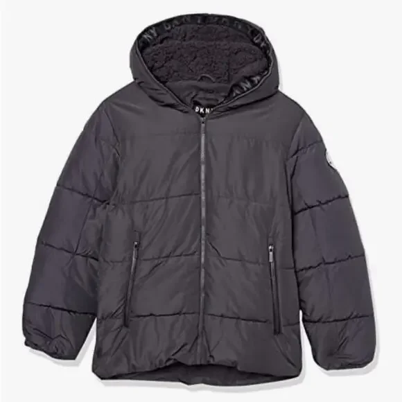 NWT DKNY Boys' Sherpa Hood Insulated Jacket Charcoal Black Size 7